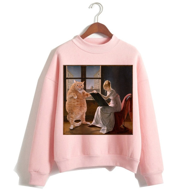 Cat Van Gogh Pink Hoodie Funny 2019 Women Cartoon Kawaii Hooded Harajuku Sweatshirt Print Female Clothing 90s Warm