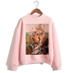 Cat Van Gogh Pink Hoodie Funny 2019 Women Cartoon Kawaii Hooded Harajuku Sweatshirt Print Female Clothing 90s Warm