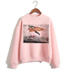 Cat Van Gogh Pink Hoodie Funny 2019 Women Cartoon Kawaii Hooded Harajuku Sweatshirt Print Female Clothing 90s Warm