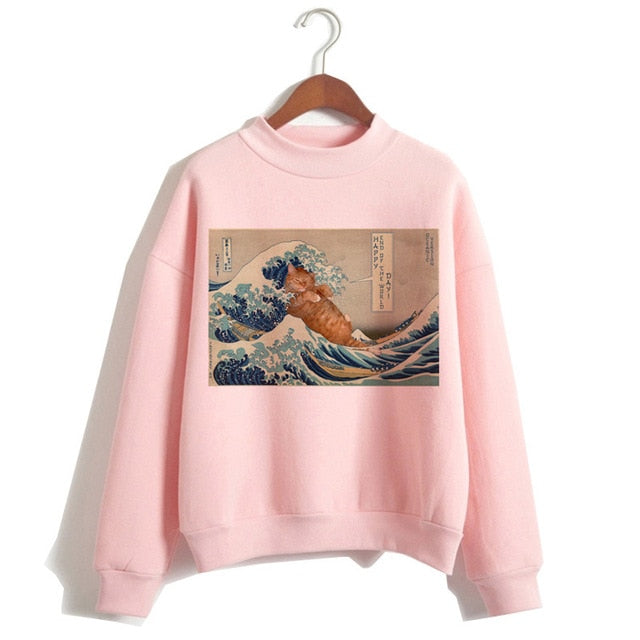 Cat Van Gogh Pink Hoodie Funny 2019 Women Cartoon Kawaii Hooded Harajuku Sweatshirt Print Female Clothing 90s Warm