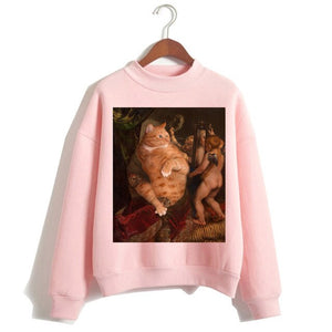 Cat Van Gogh Pink Hoodie Funny 2019 Women Cartoon Kawaii Hooded Harajuku Sweatshirt Print Female Clothing 90s Warm