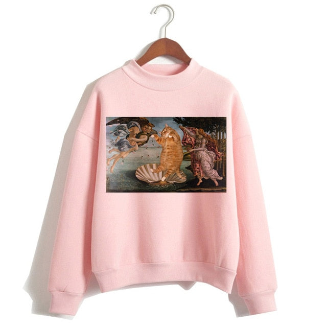 Cat Van Gogh Pink Hoodie Funny 2019 Women Cartoon Kawaii Hooded Harajuku Sweatshirt Print Female Clothing 90s Warm