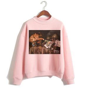 Cat Van Gogh Pink Hoodie Funny 2019 Women Cartoon Kawaii Hooded Harajuku Sweatshirt Print Female Clothing 90s Warm