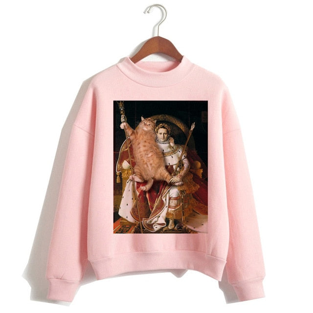 Cat Van Gogh Pink Hoodie Funny 2019 Women Cartoon Kawaii Hooded Harajuku Sweatshirt Print Female Clothing 90s Warm