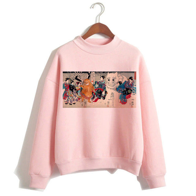 Cat Van Gogh Pink Hoodie Funny 2019 Women Cartoon Kawaii Hooded Harajuku Sweatshirt Print Female Clothing 90s Warm