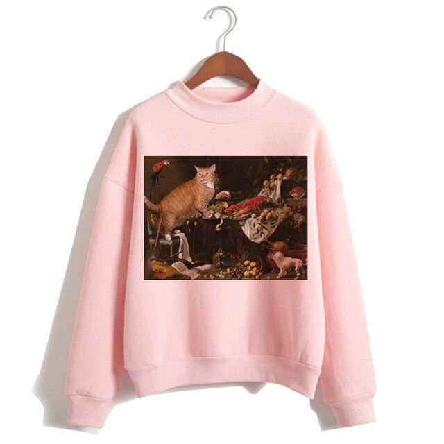 Cat Van Gogh Pink Hoodie Funny 2019 Women Cartoon Kawaii Hooded Harajuku Sweatshirt Print Female Clothing 90s Warm