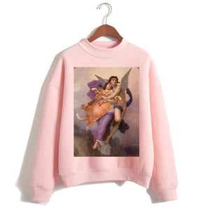 Cat Van Gogh Pink Hoodie Funny 2019 Women Cartoon Kawaii Hooded Harajuku Sweatshirt Print Female Clothing 90s Warm