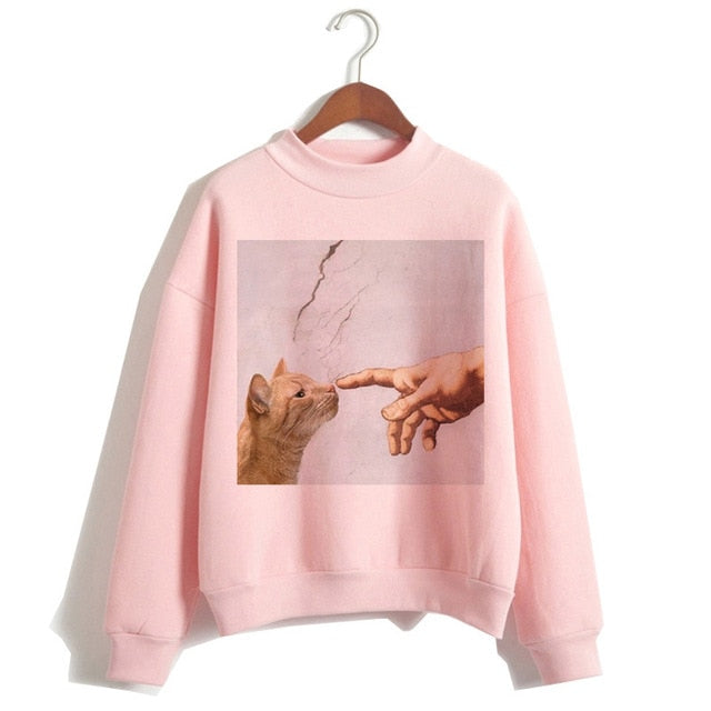 Cat Van Gogh Pink Hoodie Funny 2019 Women Cartoon Kawaii Hooded Harajuku Sweatshirt Print Female Clothing 90s Warm