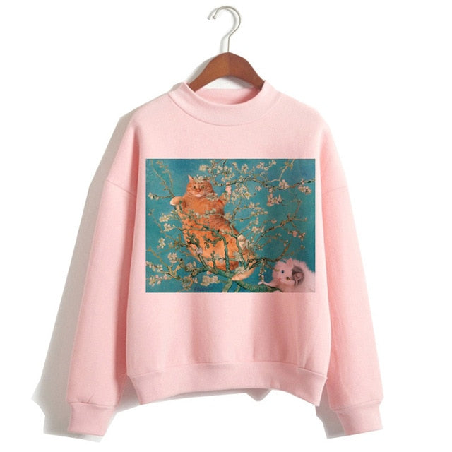 Cat Van Gogh Pink Hoodie Funny 2019 Women Cartoon Kawaii Hooded Harajuku Sweatshirt Print Female Clothing 90s Warm