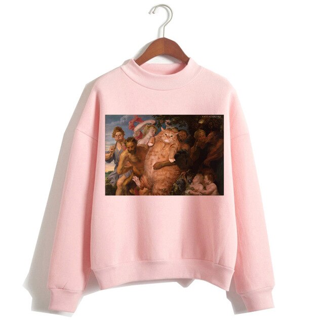 Cat Van Gogh Pink Hoodie Funny 2019 Women Cartoon Kawaii Hooded Harajuku Sweatshirt Print Female Clothing 90s Warm