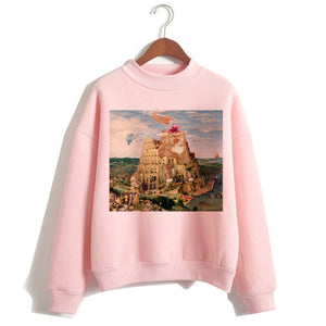 Cat Van Gogh Pink Hoodie Funny 2019 Women Cartoon Kawaii Hooded Harajuku Sweatshirt Print Female Clothing 90s Warm