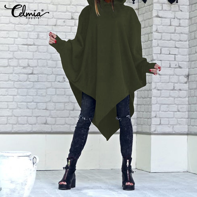 Celmia 2019 Fashion  Sleeve Hooded Women Vintage Hoodies Sweatshirts Casual Loose Solid Asymmetrical Pullovers Plus Size