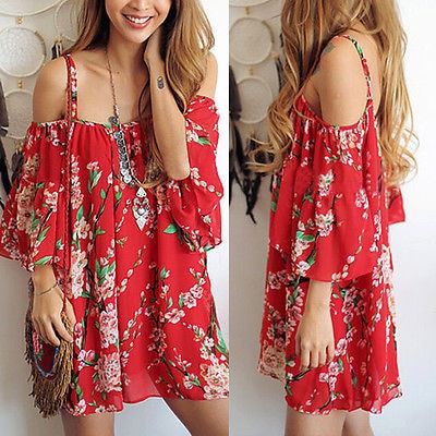 Party Beach Mini Dress Red Hot Fashion Women Chiffon Floral Batwing Off Shoulder Evening