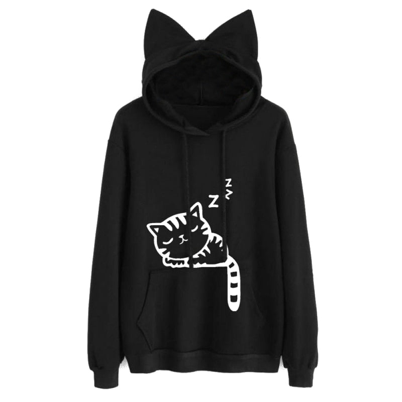 Womens Cat Printed Long Sleeve Hoodies Pullovers Fashion Cat Ear Hooded Sweatshirts Tops