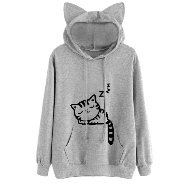 Womens Cat Printed Long Sleeve Hoodies Pullovers Fashion Cat Ear Hooded Sweatshirts Tops