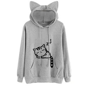 Womens Cat Printed Long Sleeve Hoodies Pullovers Fashion Cat Ear Hooded Sweatshirts Tops