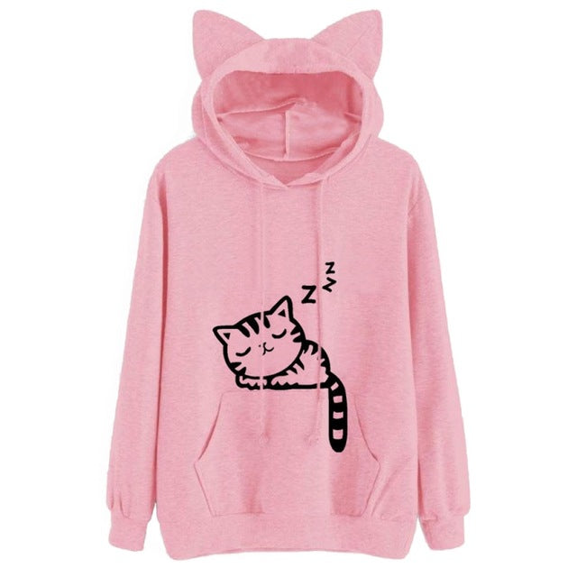 Womens Cat Printed Long Sleeve Hoodies Pullovers Fashion Cat Ear Hooded Sweatshirts Tops