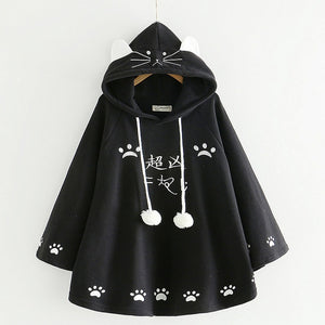 Japanese Harajuku Womeen Sweet Cloak Hoodie Fleece Pullover Kawaii Cats Pompon Poncho Outwear Autumn Hooded Sweatshirts T601