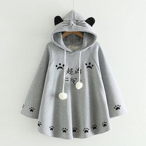 Japanese Harajuku Womeen Sweet Cloak Hoodie Fleece Pullover Kawaii Cats Pompon Poncho Outwear Autumn Hooded Sweatshirts T601