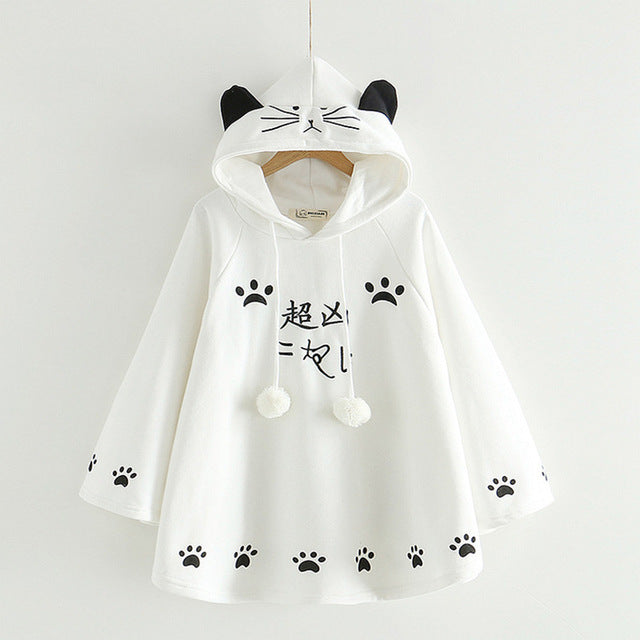 Japanese Harajuku Womeen Sweet Cloak Hoodie Fleece Pullover Kawaii Cats Pompon Poncho Outwear Autumn Hooded Sweatshirts T601