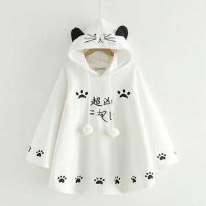 Japanese Harajuku Womeen Sweet Cloak Hoodie Fleece Pullover Kawaii Cats Pompon Poncho Outwear Autumn Hooded Sweatshirts T601