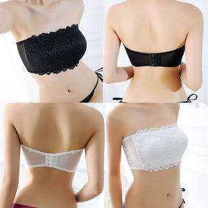 Women Sexy Stretch Lace Bra Wire Free Padded Strapless Tube Bra Basic Underwear