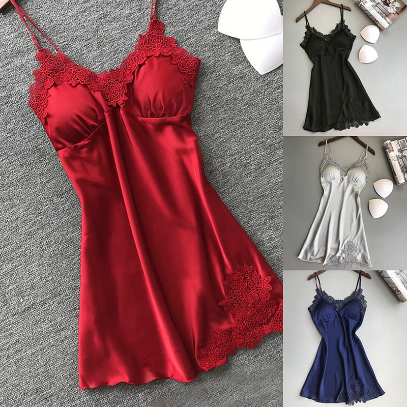 Women Nightgowns Sexy Nightwear Lace Patchwork Camisola Lingerie Nighty Wedding Silk Dress Sleep Wear Nightdress Clothes