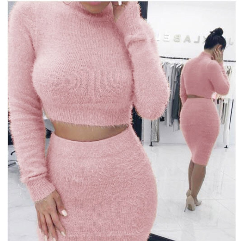 Two Piece Set Women Sweater +Pencil Skirt Suit Long sleeve Fleece Crop Tops Bodycon Skirt 2 Pieces Set Women Knitted Tracksuit