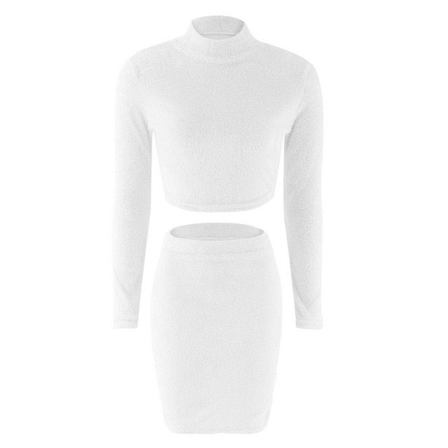 Two Piece Set Women Sweater +Pencil Skirt Suit Long sleeve Fleece Crop Tops Bodycon Skirt 2 Pieces Set Women Knitted Tracksuit