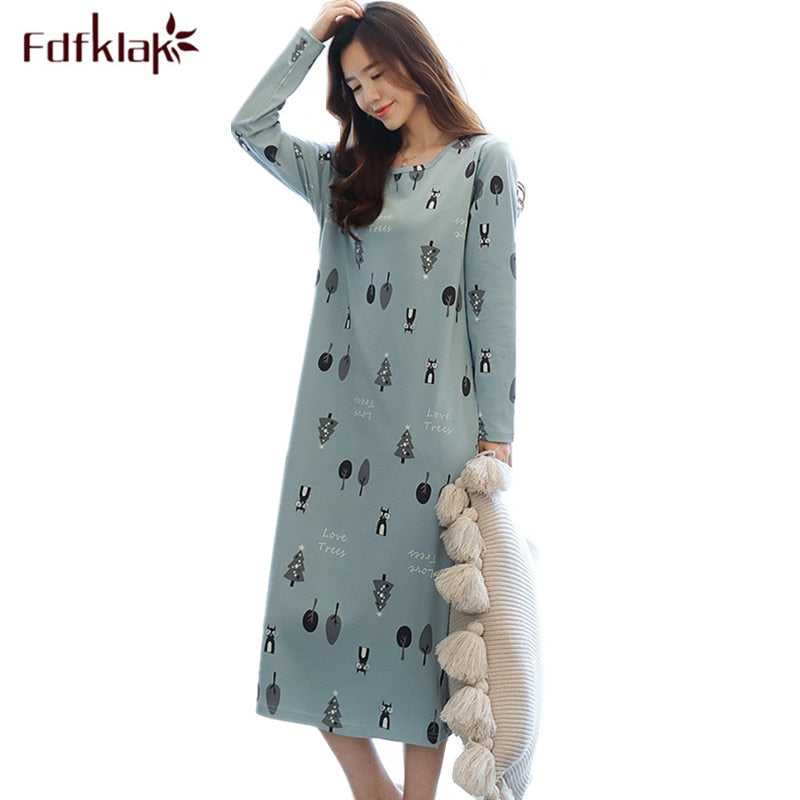 Fdfklak Plus size cotton nightdress women print spring autumn nightgowns female long sleeve sleep dress women's nightshirt 3XL