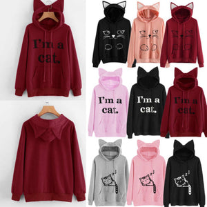 Women Cat Hoodie Long Sleeve Sweatshirt Jumper Coat Hooded Pullover Tops