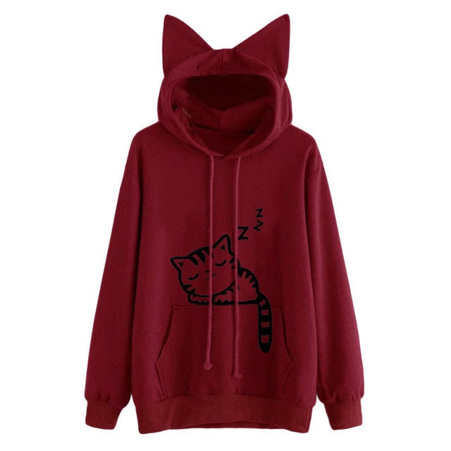 Women Cat Hoodie Long Sleeve Sweatshirt Jumper Coat Hooded Pullover Tops