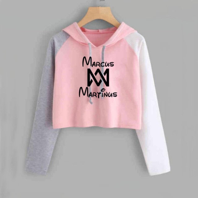 Crop Hoodie Women Marcus and Martinus Sweatshirt Casual Pink Short Tracksuit Long Sleeve Spring Autumn Ladies Sweat Femme